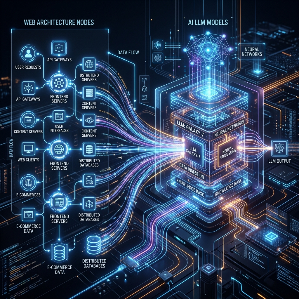 Semantic web nodes connecting to LLM database representing AI Engine Optimization