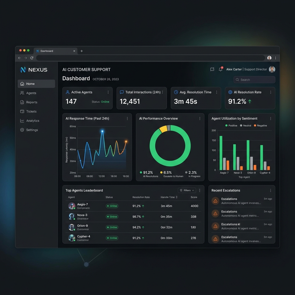 B2B AI support agents dashboard interface showing telemetry and performance stats