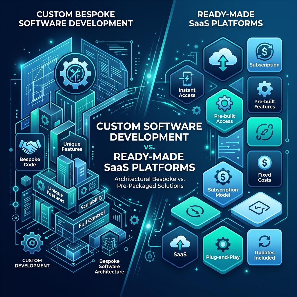 Comparison showing custom software blueprint nodes alongside ready-made modular subscription icons