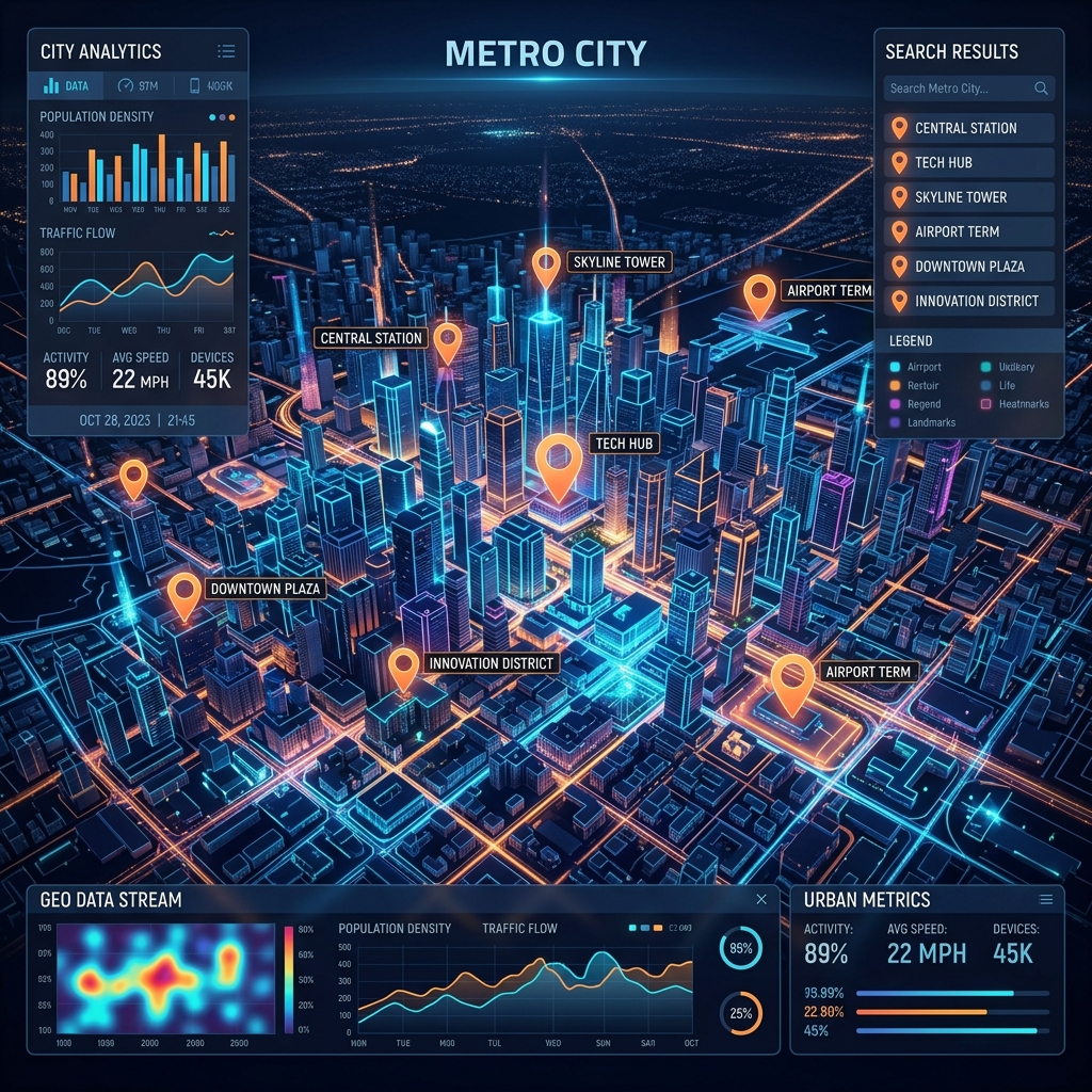 Geographic targeted local map pins overlay showing GEO analytics