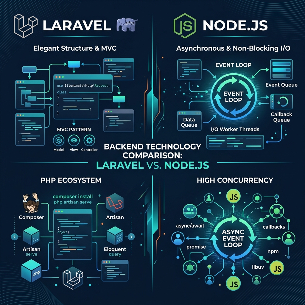 Laravel PHP framework side-by-side with Node.js async event loop network nodes