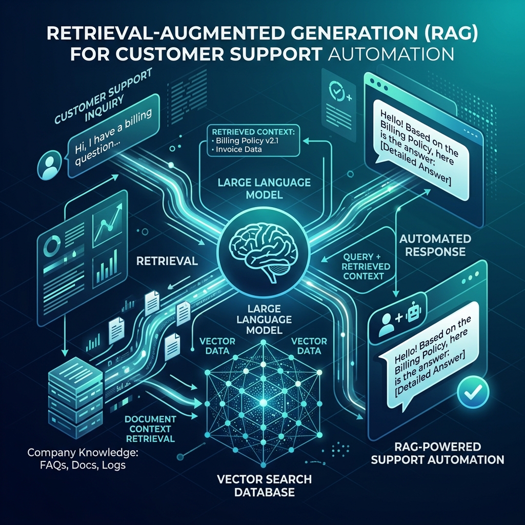 Retrieval-Augmented Generation RAG diagram for customer support showing Large Language Models and vector search database