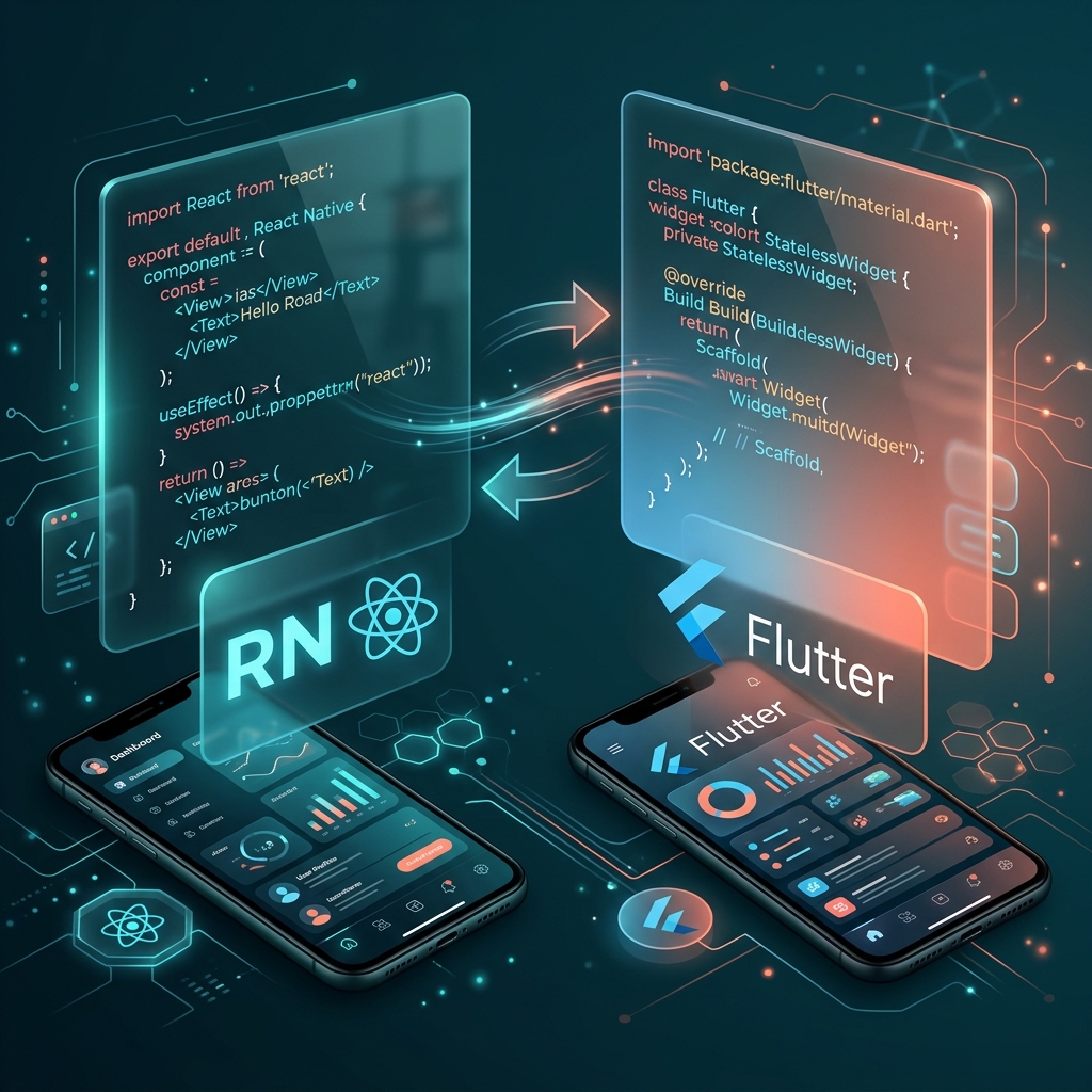 Comparison infographic showing React Native and Flutter frameworks for B2B mobile app development with architecture diagrams and performance metrics