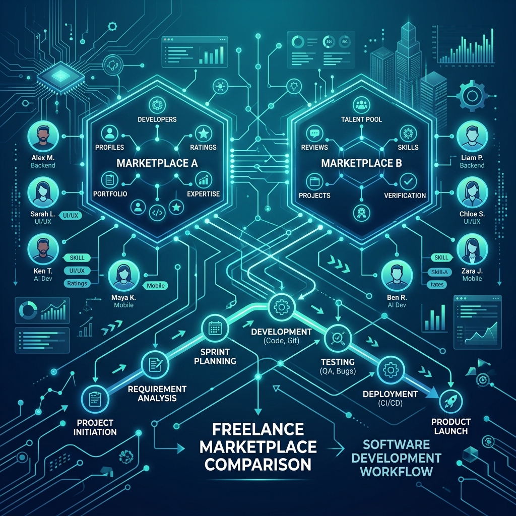B2B Freelance Marketplace Comparison and Developer network nodes diagram