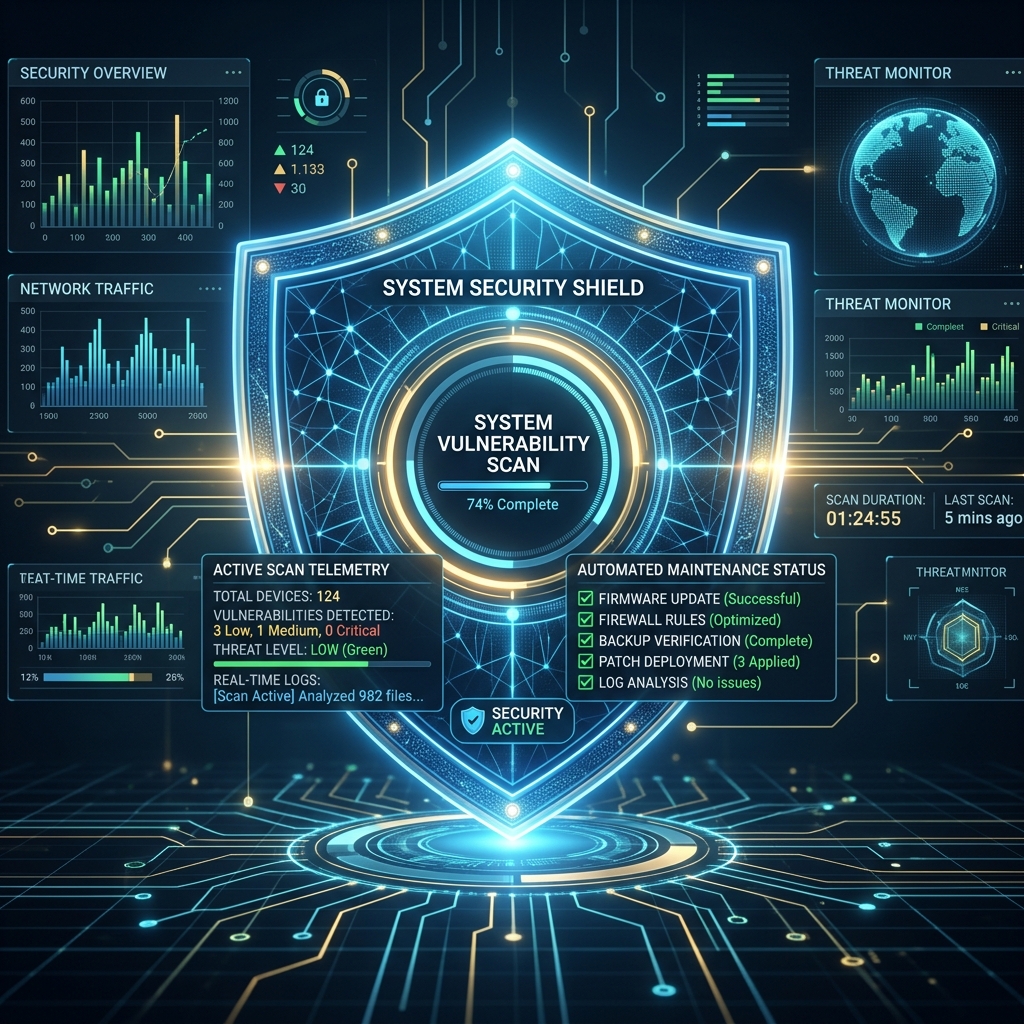 Security lock icon showing threat scanner metrics and dashboard metrics