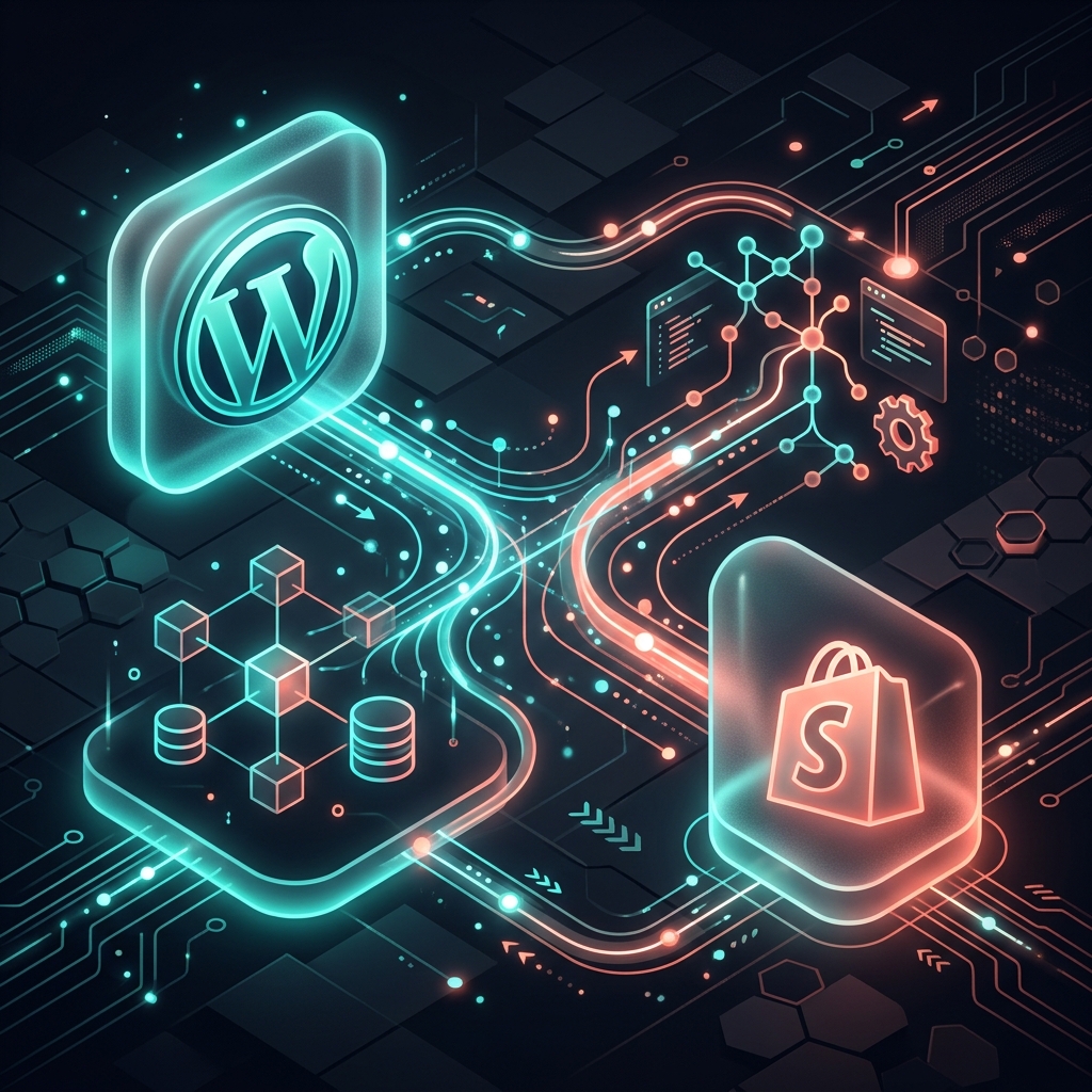 A premium high-tech diagram showing WordPress and Shopify integrated via APIs